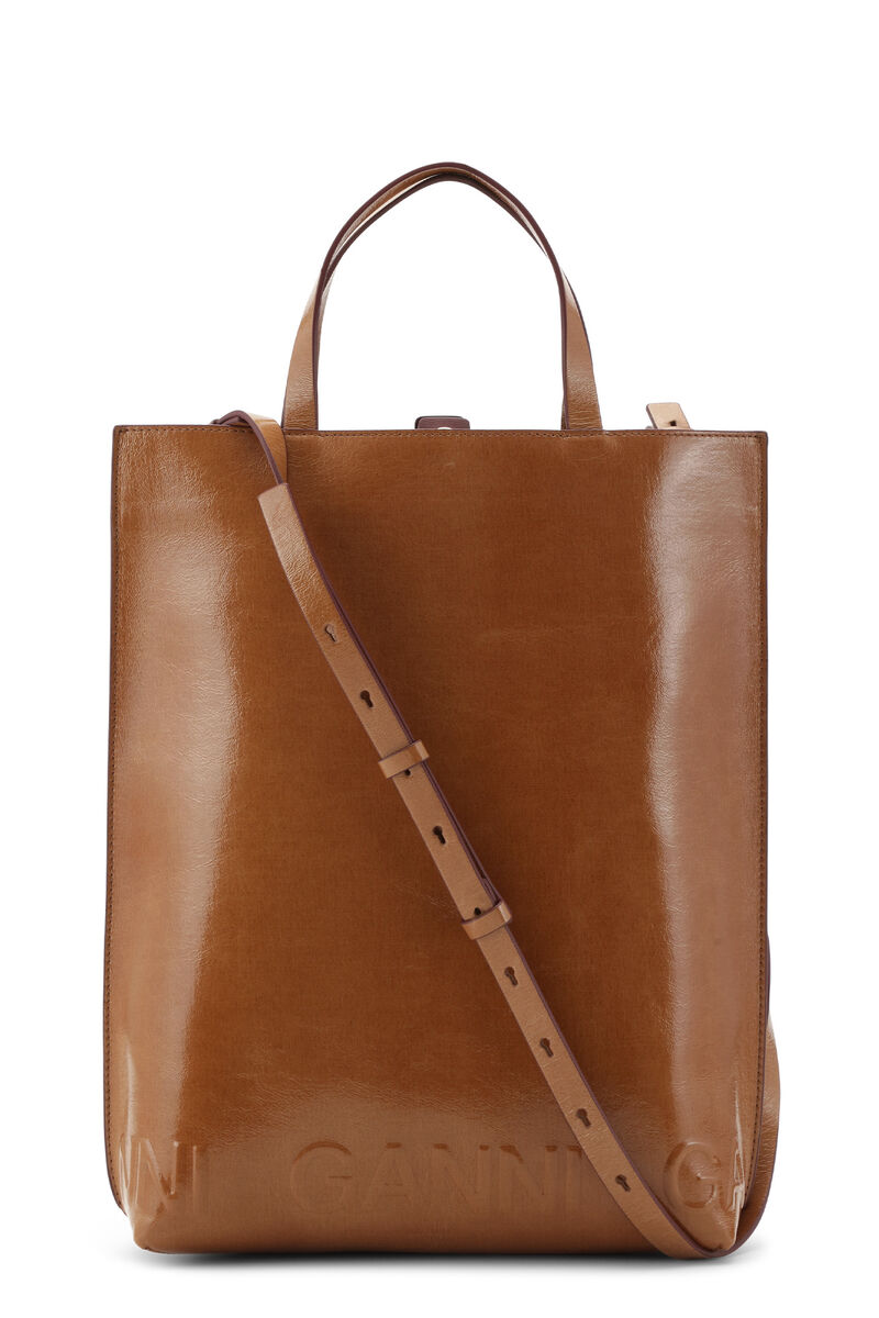 Brown Medium Banner Tote Bag, Polyester, in colour Caramel Café - 1 - GANNI