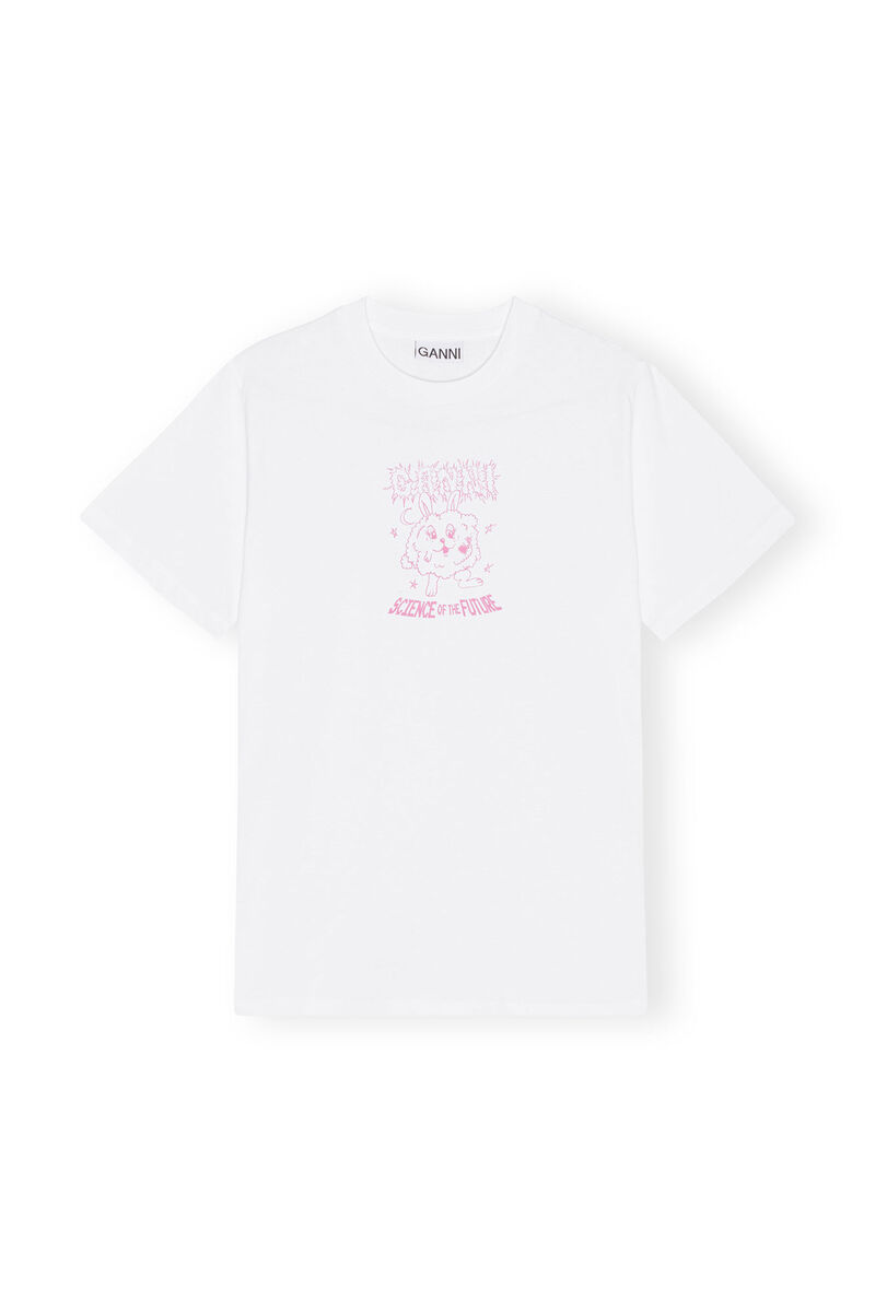 Pink Relaxed Bunny T-shirt, Cotton, in colour Bright White - 1 - GANNI