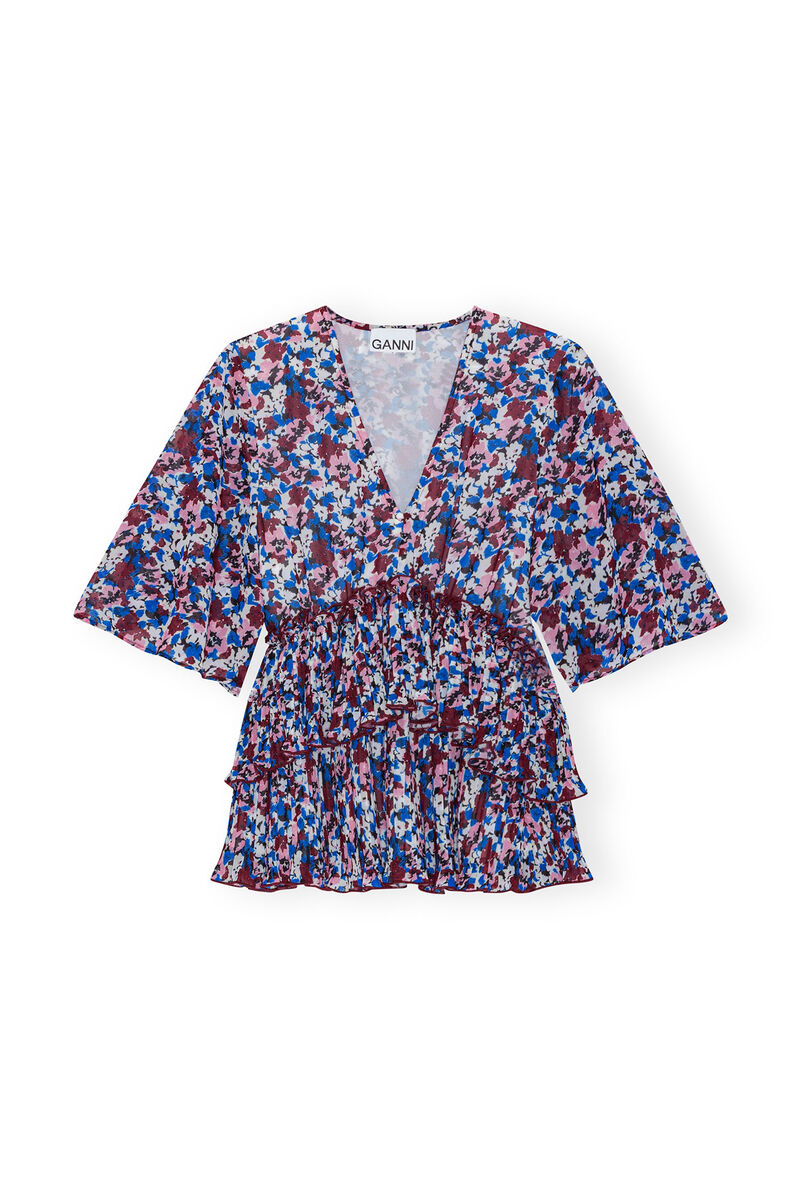 Multicolour Multicolour Pleated Georgette V-neck Flounce Bluse  