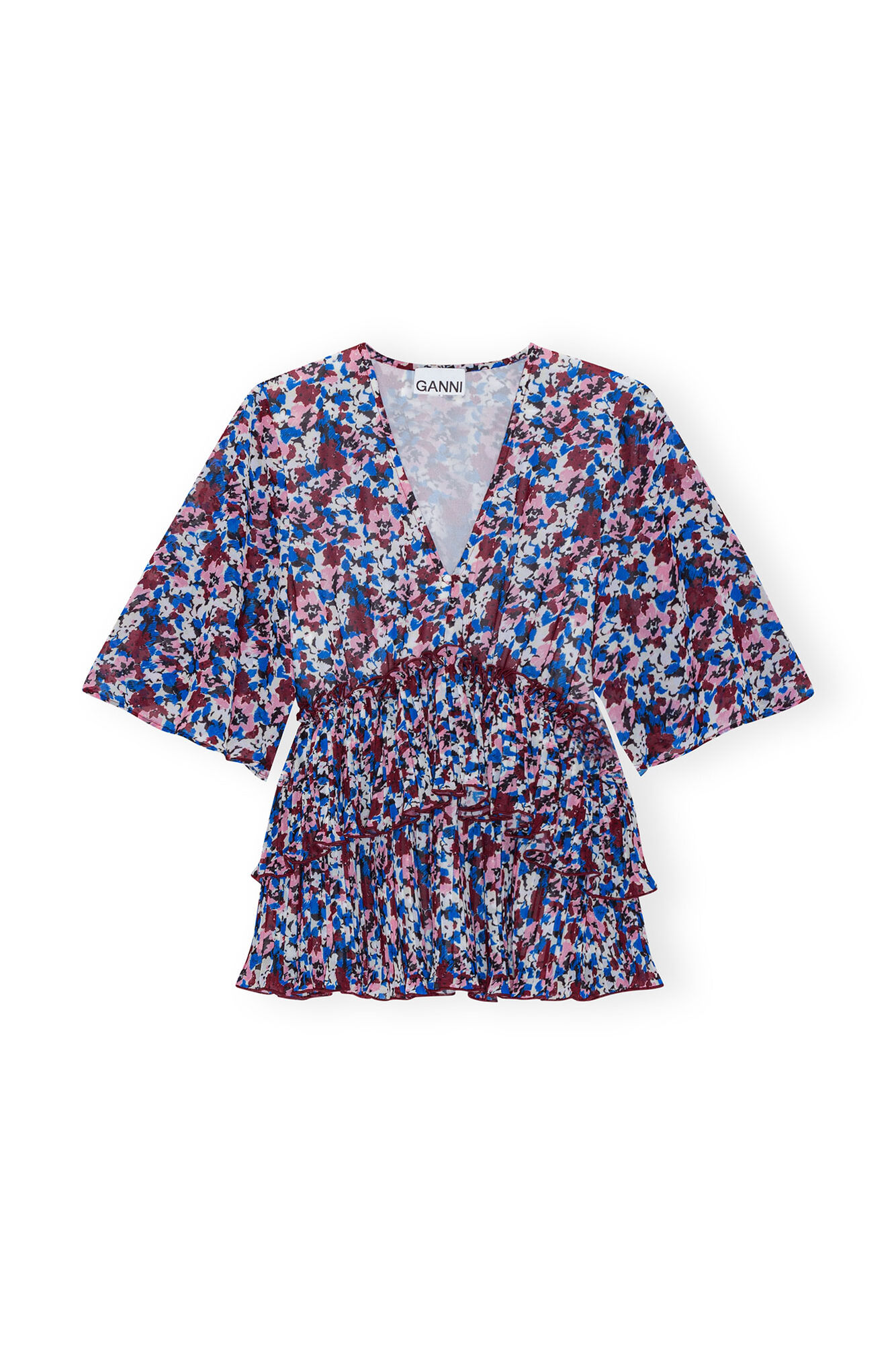 Multicolour Pleated Georgette V-neck Flounce Bluse, Recycled Polyester, in colour Multicolour - 1 - GANNI