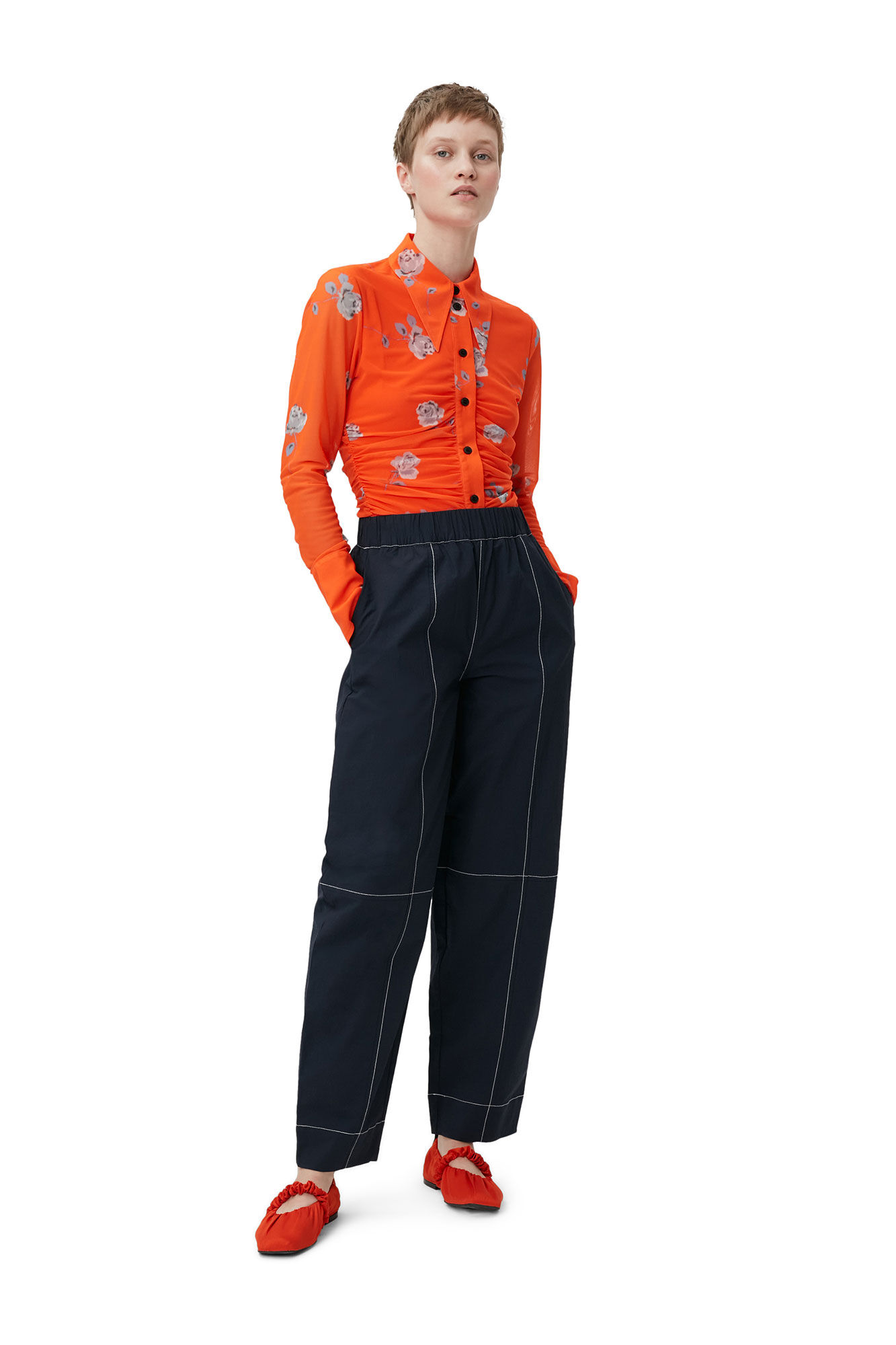 Orange Printed Mesh Ruched Shirt, Recycled Nylon, in colour Orangeade - 2 - GANNI