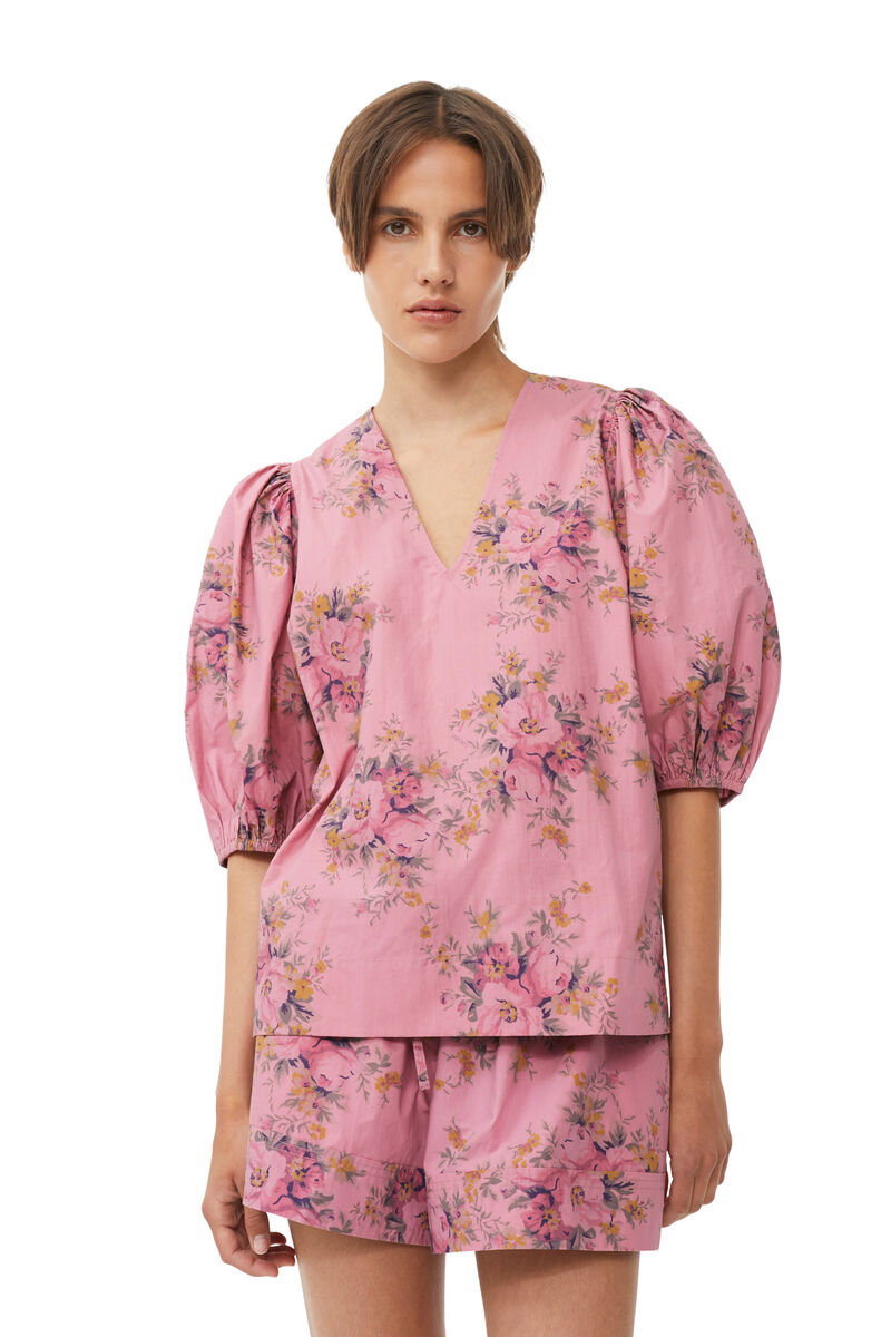 Printed Cotton V-neck Blouse, Cotton, in colour Orchid Smoke - 1 - GANNI