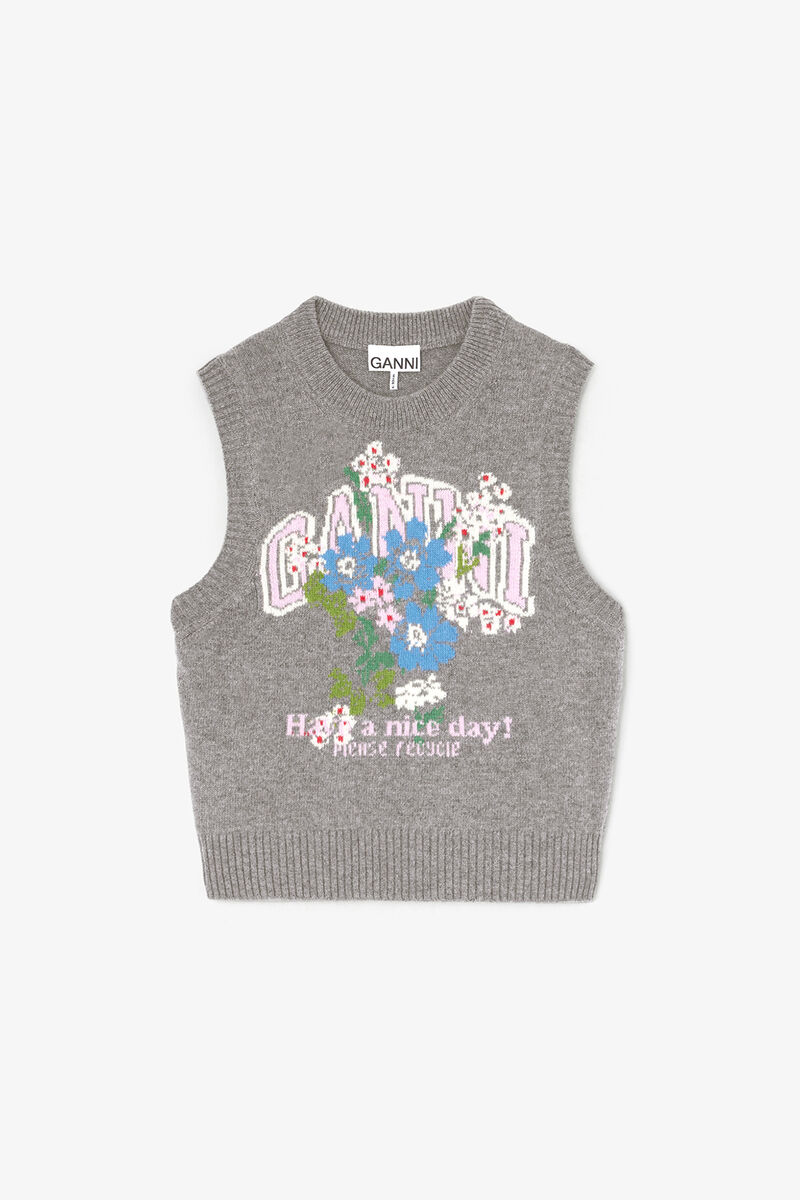 Vest with Flowers, Wool, in colour Paloma - 1 - GANNI