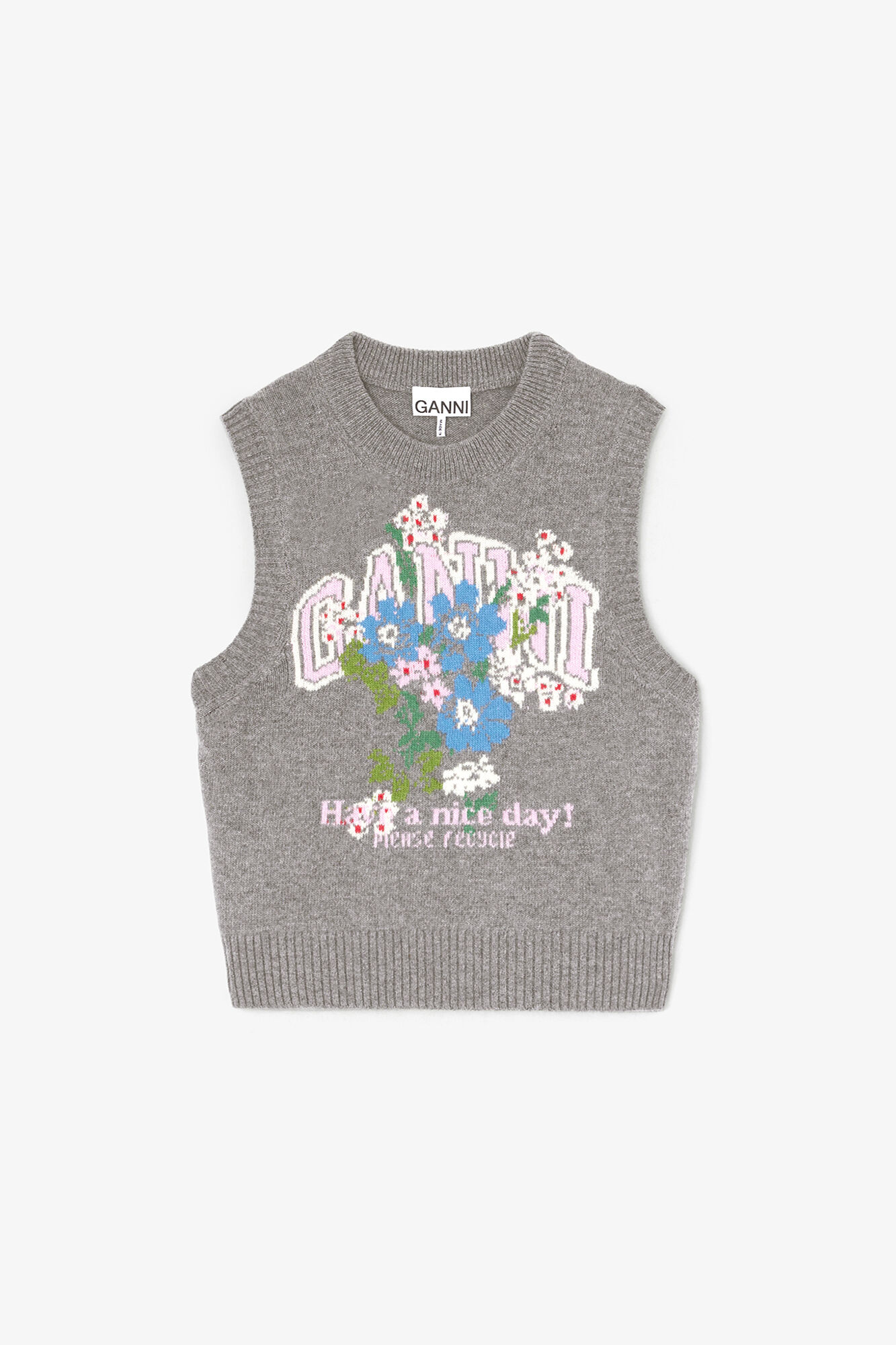 Vest with Flowers, Wool, in colour Paloma - 1 - GANNI