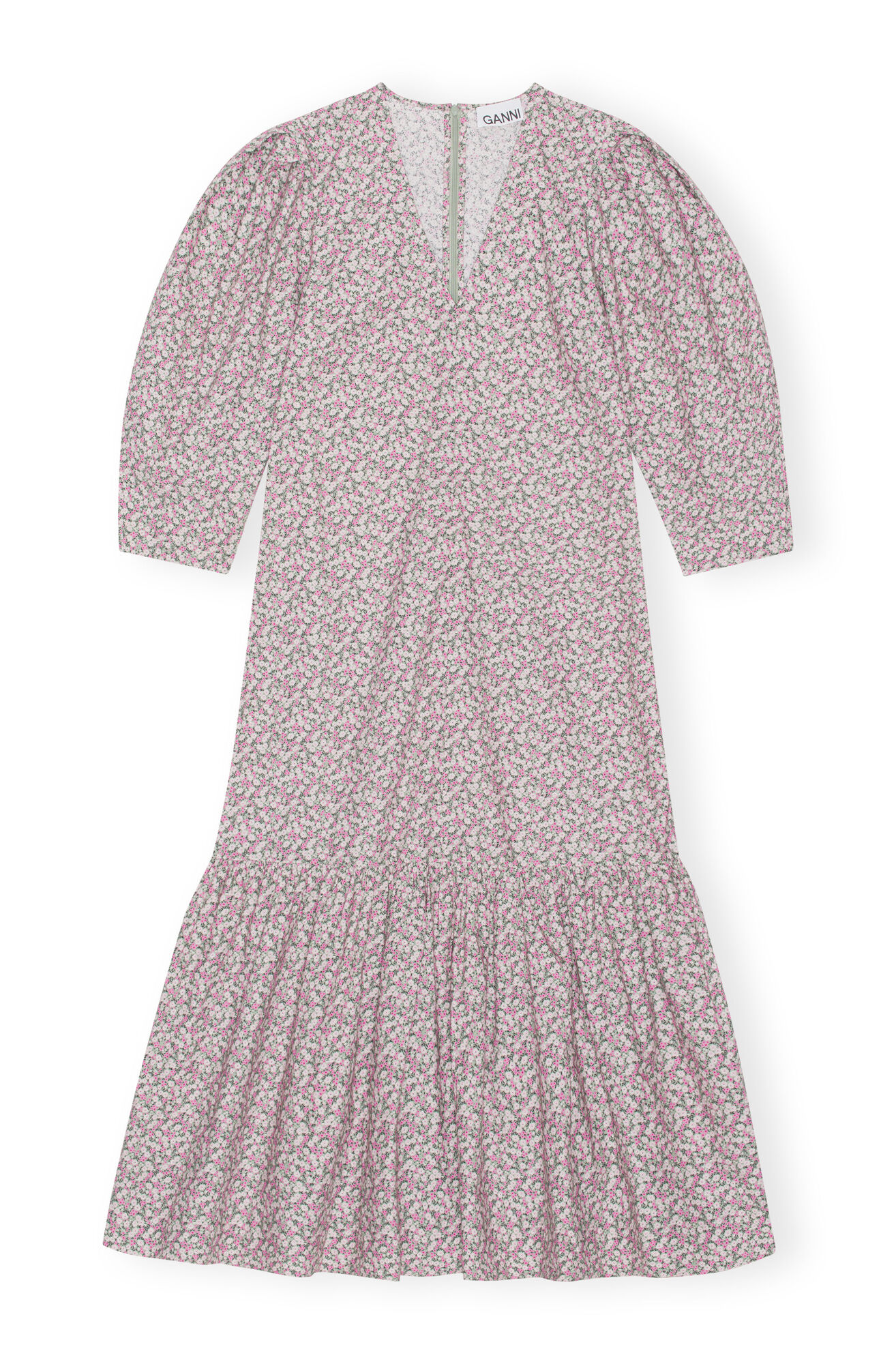 Robe longue à col en V en coton imprimé, Cotton, in colour Frost Gray - 1 - GANNI