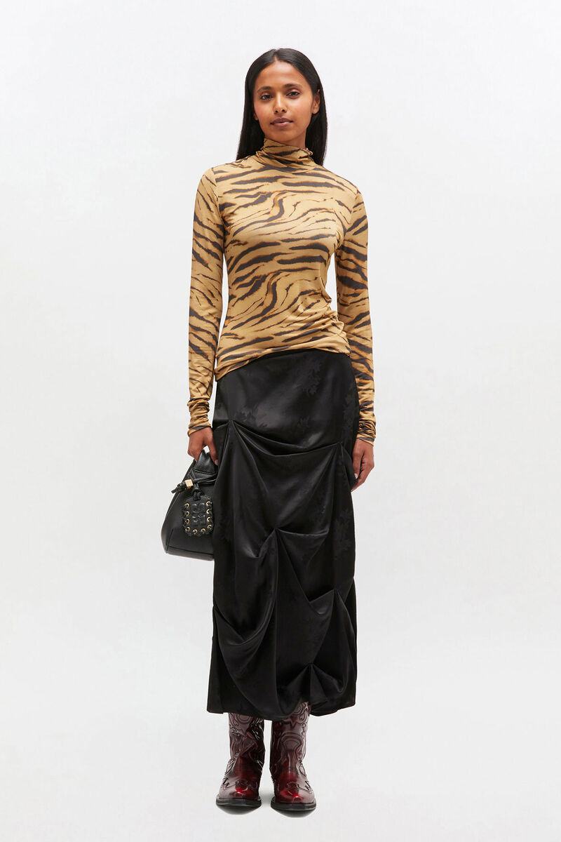 Tiger Print Jersey Turtleneck, Elastane, in colour Khaki - 2 - GANNI