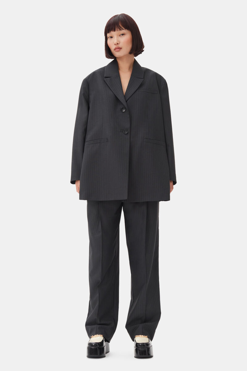 Charcoal Stripe Suiting Oversized Blazer, Elastane, in colour Phantom - 2 - GANNI