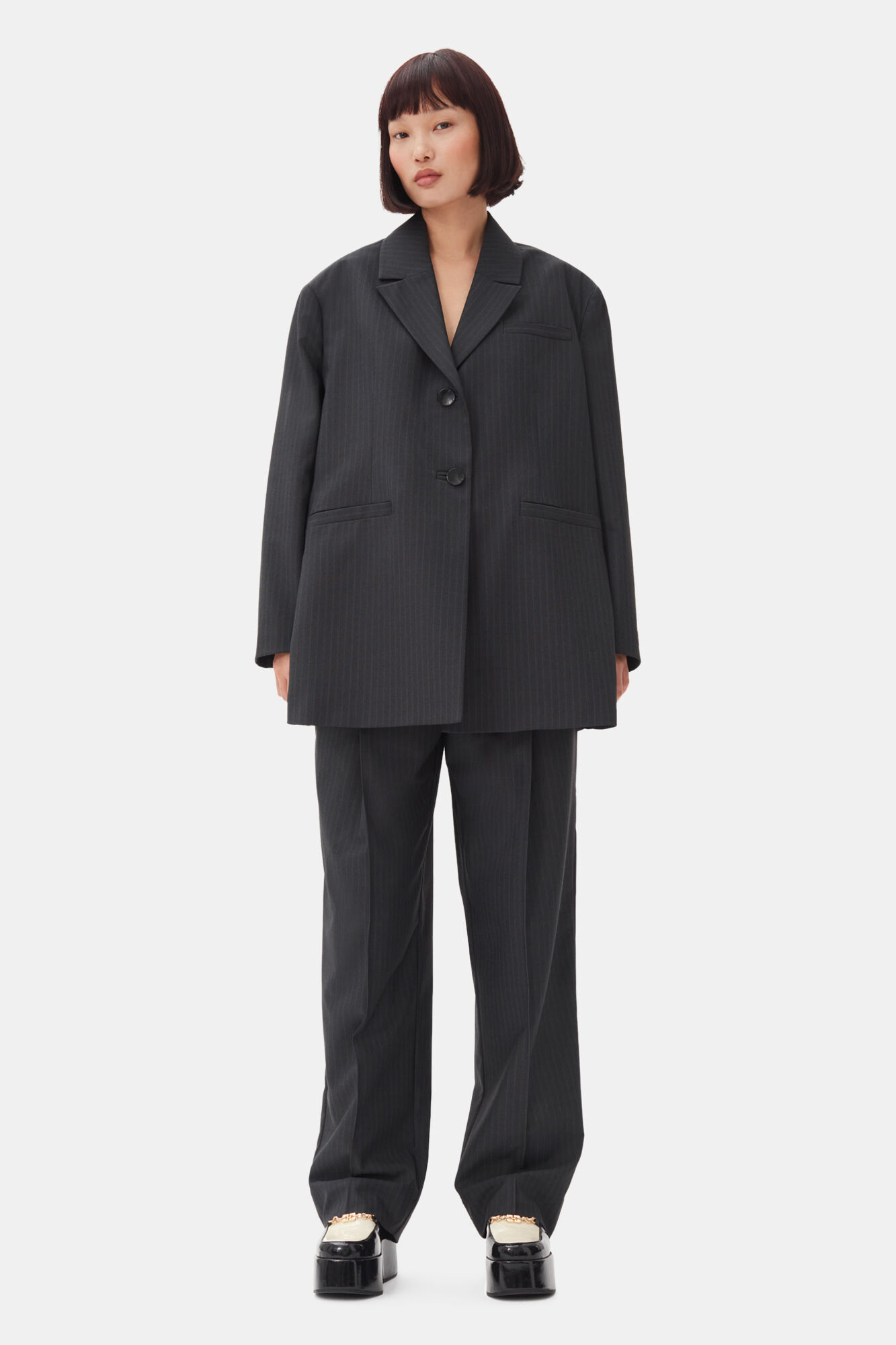 Charcoal Stripe Suiting Oversized Blazer, Elastane, in colour Phantom - 2 - GANNI