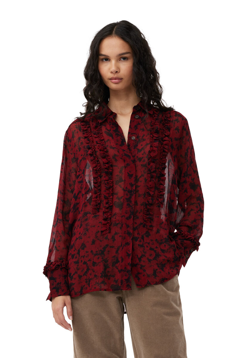 Red Printed Light Georgette Ruffle Shirt, Viscose, in colour Syrah - 1 - GANNI