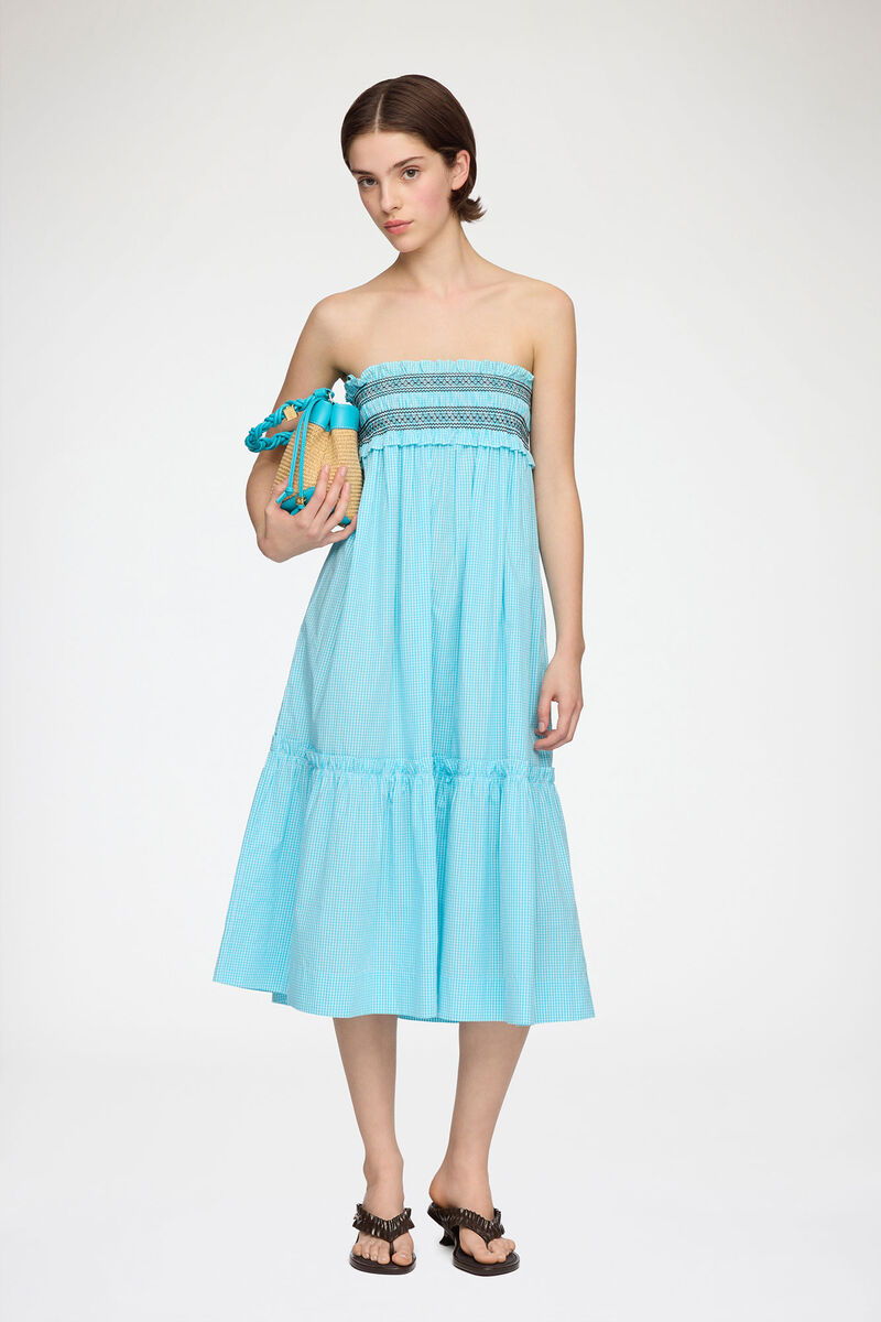 Skirt in Blue Check, Organic Cotton, in colour Blue Curacao - 4 - GANNI