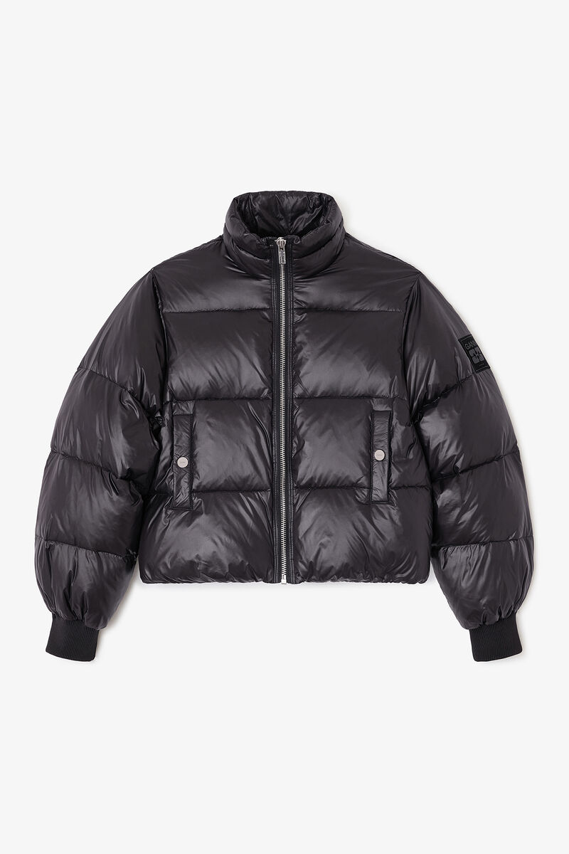 Black Short Puffer Jacket, Recycled Nylon, in colour Black - 1 - GANNI