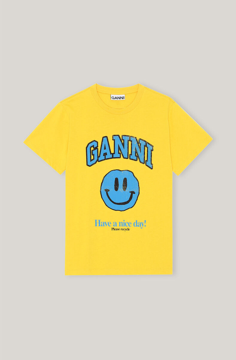 Basic Cotton Jersey Blue Smiley T-shirt, Cotton, in colour Spectra Yellow - 1 - GANNI