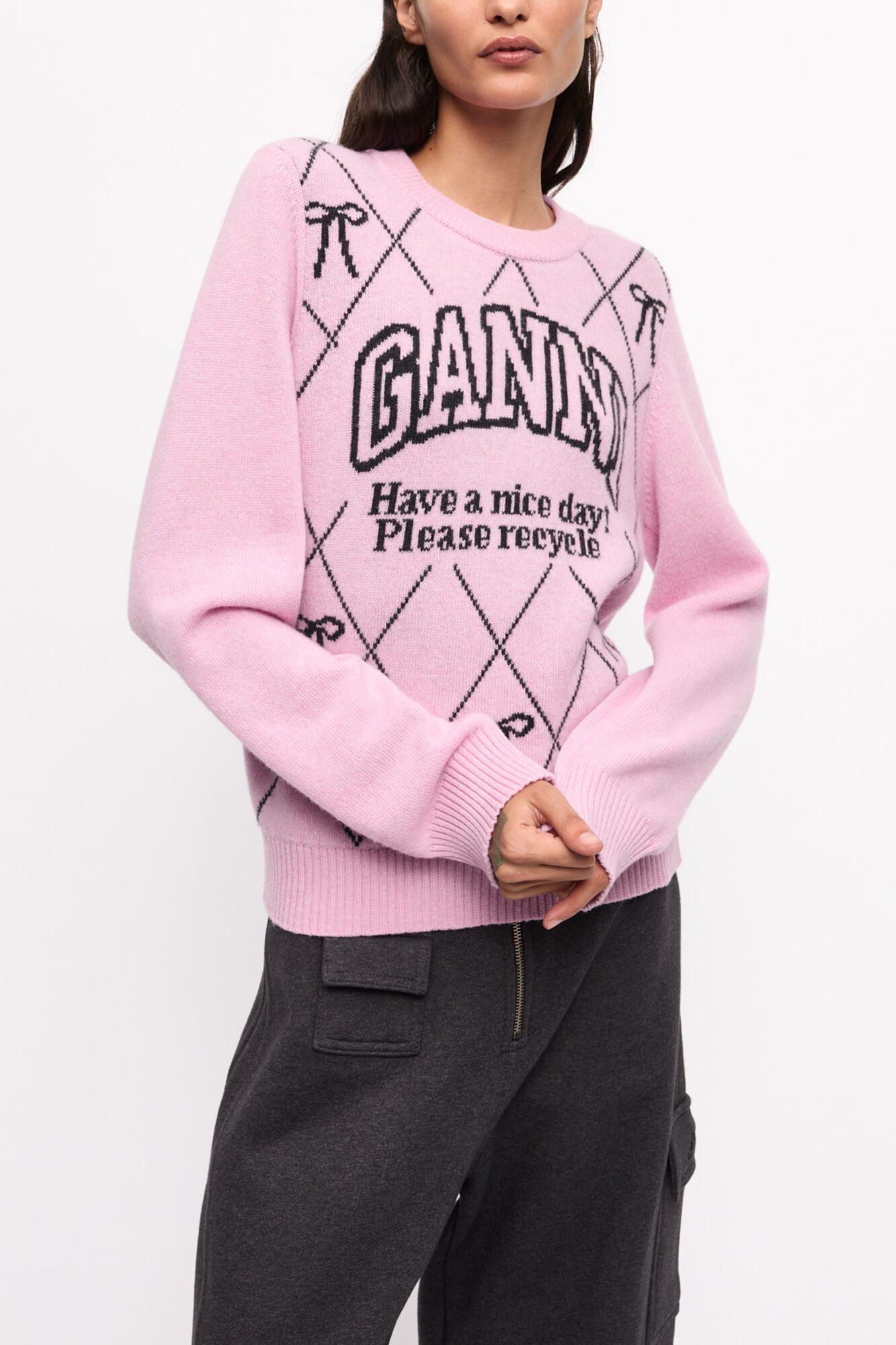Pink Graphic Bow Sweater | GANNI US