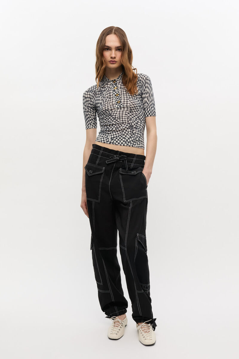 Black Sheer Cotton Printed Polo Shirt, Elastane, in colour Black - 2 - GANNI