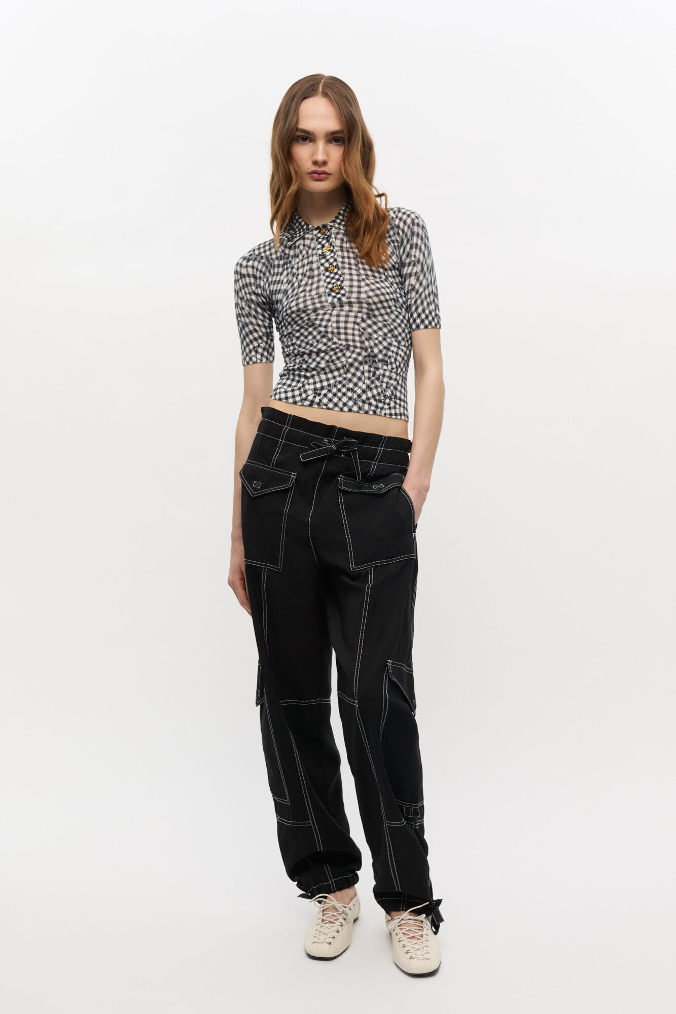 Black Sheer Cotton Printed Polo Shirt, Elastane, in colour Black - 2 - GANNI
