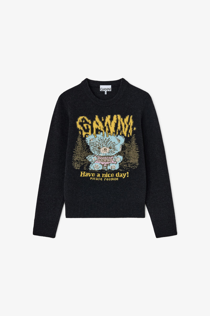 Jumper with Forest Teddy, Wool, in colour Phantom - 1 - GANNI