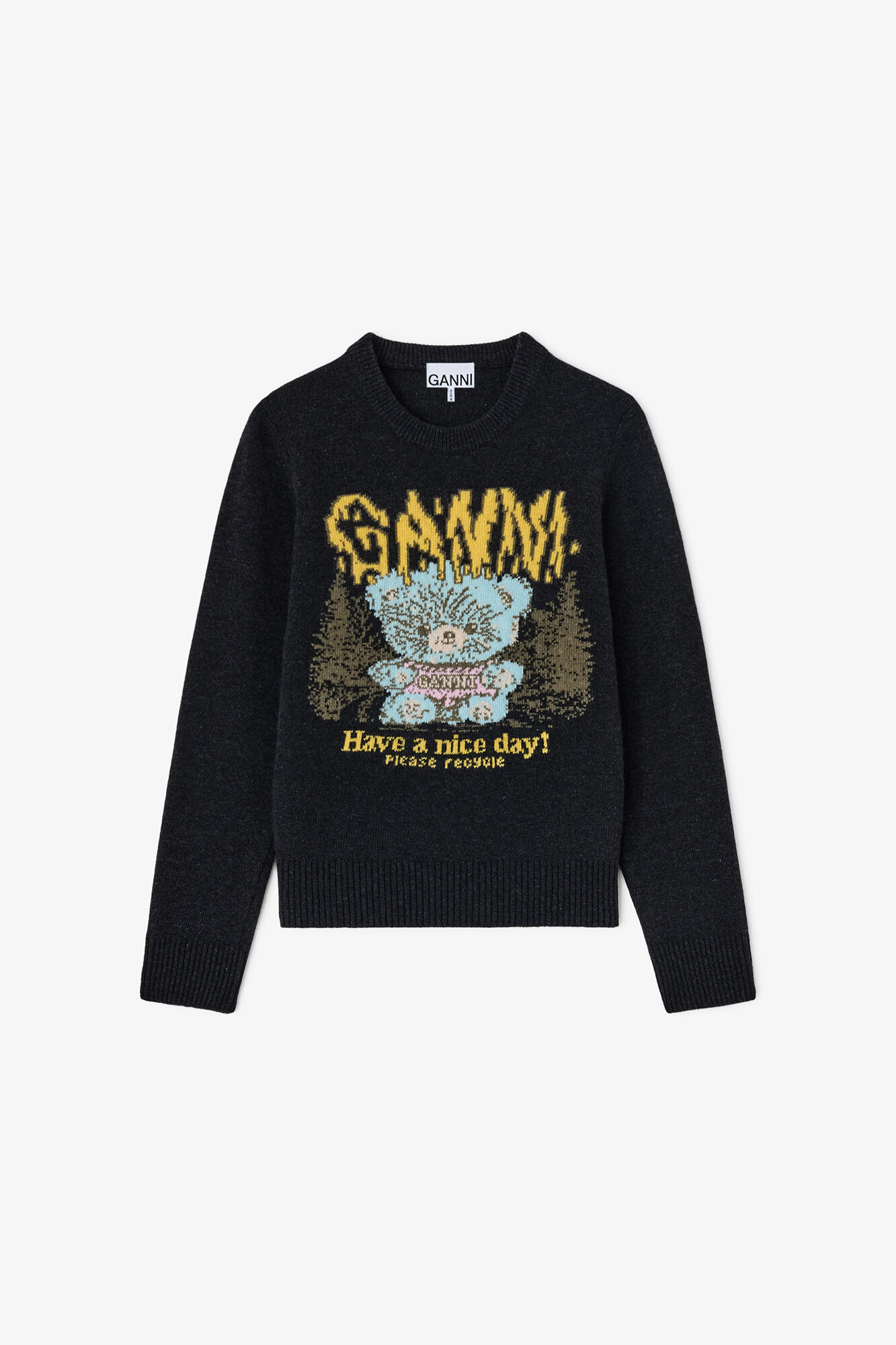 Jumper with Forest Teddy, Wool, in colour Phantom - 1 - GANNI