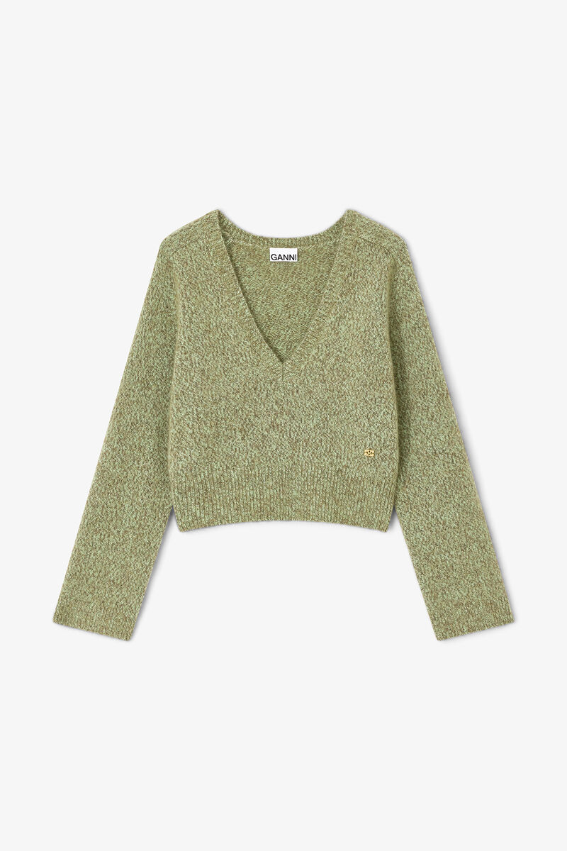 Green V-neck Sweater, Wool, in colour Nile - 1 - GANNI