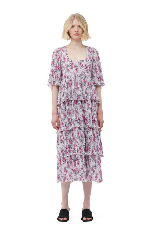Ganni Short Sleeve Pleated Georgette Flounce Smock Midi Dress In Mauve  Chalk | ModeSens
