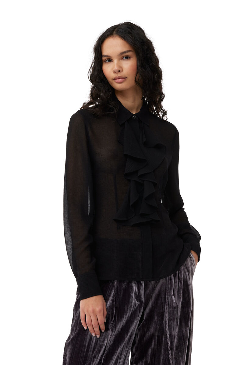 Black Chiffon Flæseskjorte, Recycled Polyester, in colour Black - 4 - GANNI