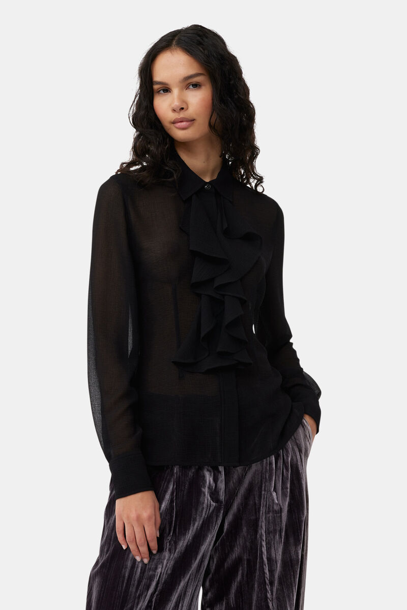 Black Chiffon Ruffle Shirt, Recycled Polyester, in colour Black - 4 - GANNI