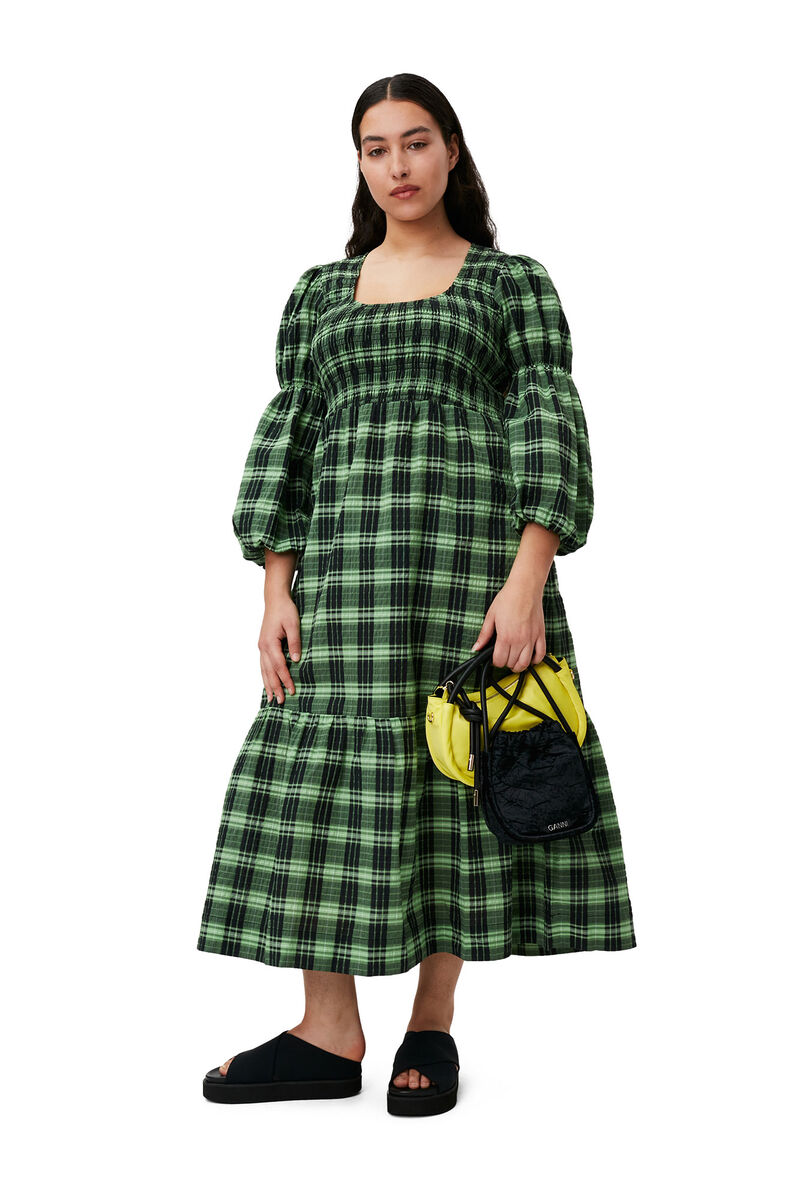 Green Seersucker Check Maxi Smock Dress, Organic Cotton, in colour Peapod - 1 - GANNI