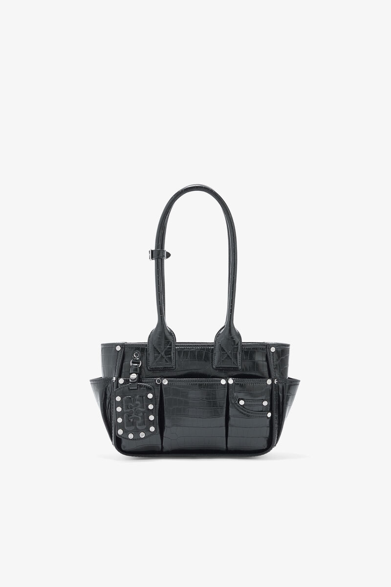 Posy Small in Black Croco, Recycled Leather, in colour Black - 1 - GANNI
