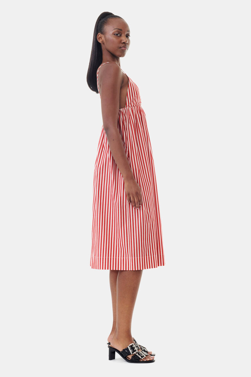 Red Stripe Cotton Strap Midi Dress, Cotton, in colour Barbados Cherry - 3 - GANNI