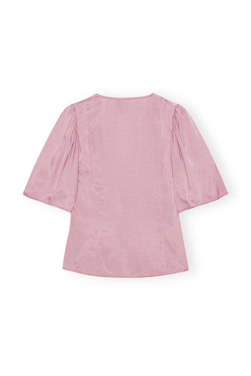 Pink Washed Satin Wrap Blouse, Cupro, in colour Bleached Mauve - 2 - GANNI