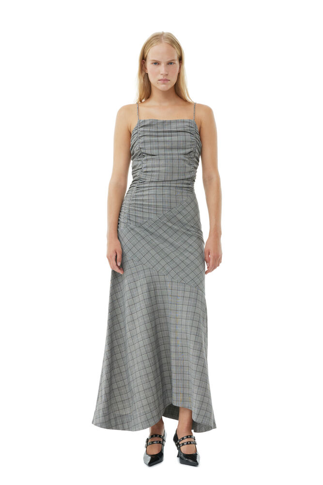 GANNI Checkered Ruched Long Slip Dress,Frost Gray