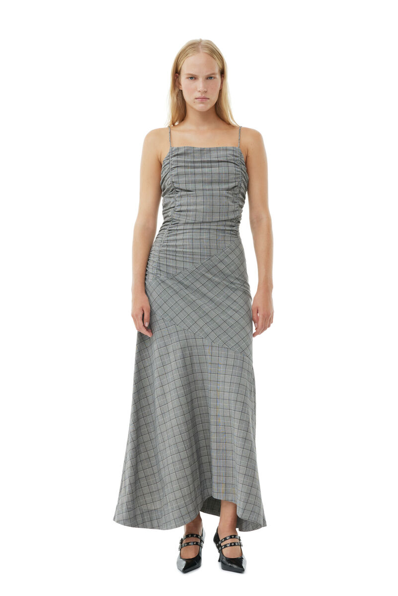 Checkered Ruched Long Slip Kleid, Elastane, in colour Frost Gray - 1 - GANNI