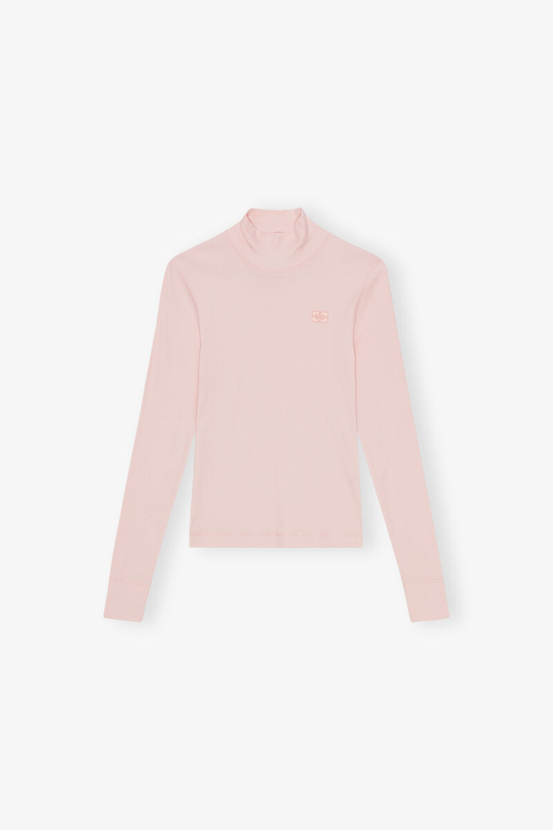 Pink Ribbed Long Sleeve T-Shirt, Elastane, in colour Chalk Pink - 1 - GANNI