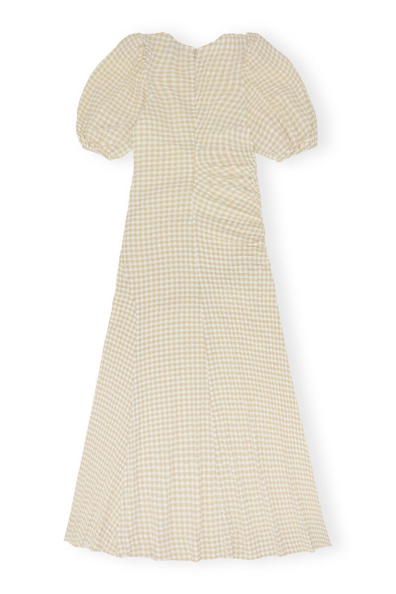 Seersucker Puff Sleeves Dress, Elastane, in colour Pale Khaki - 2 - GANNI