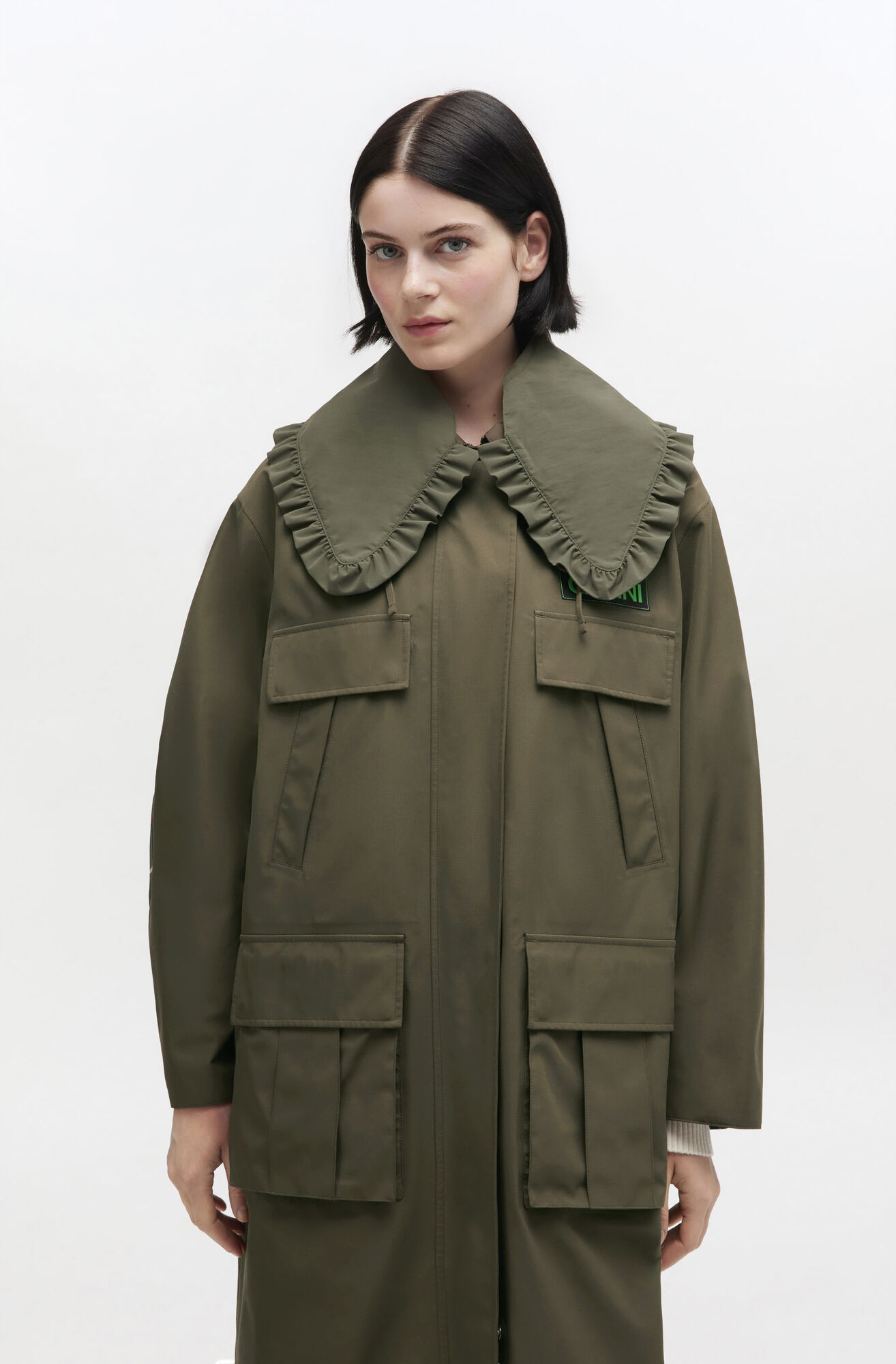 Long Coat in Green, Wool, in colour Kalamata - 4 - GANNI