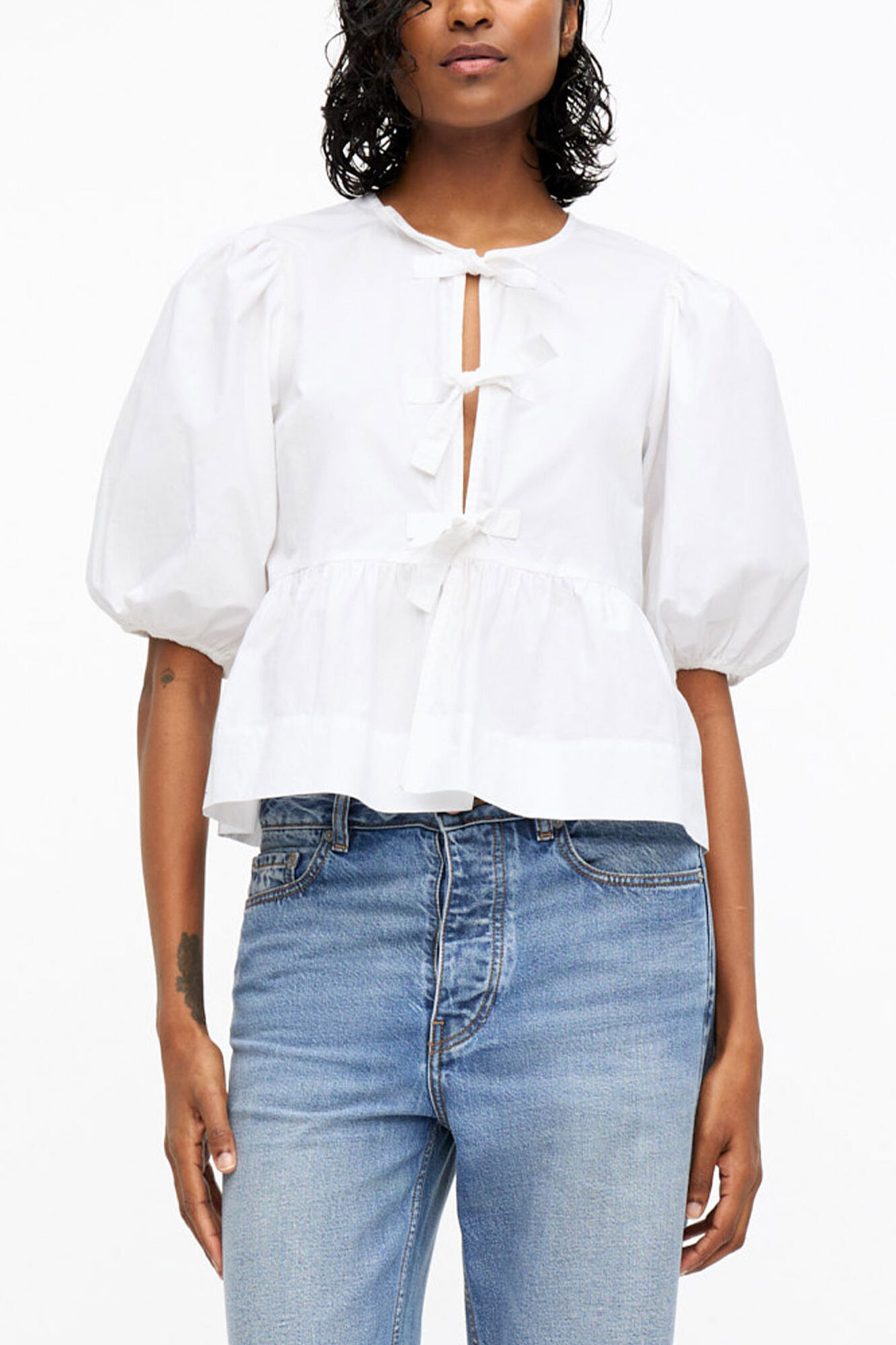 Ganni Women's White Cotton Poplin Peplum Tie Blouse - Organic Size 38