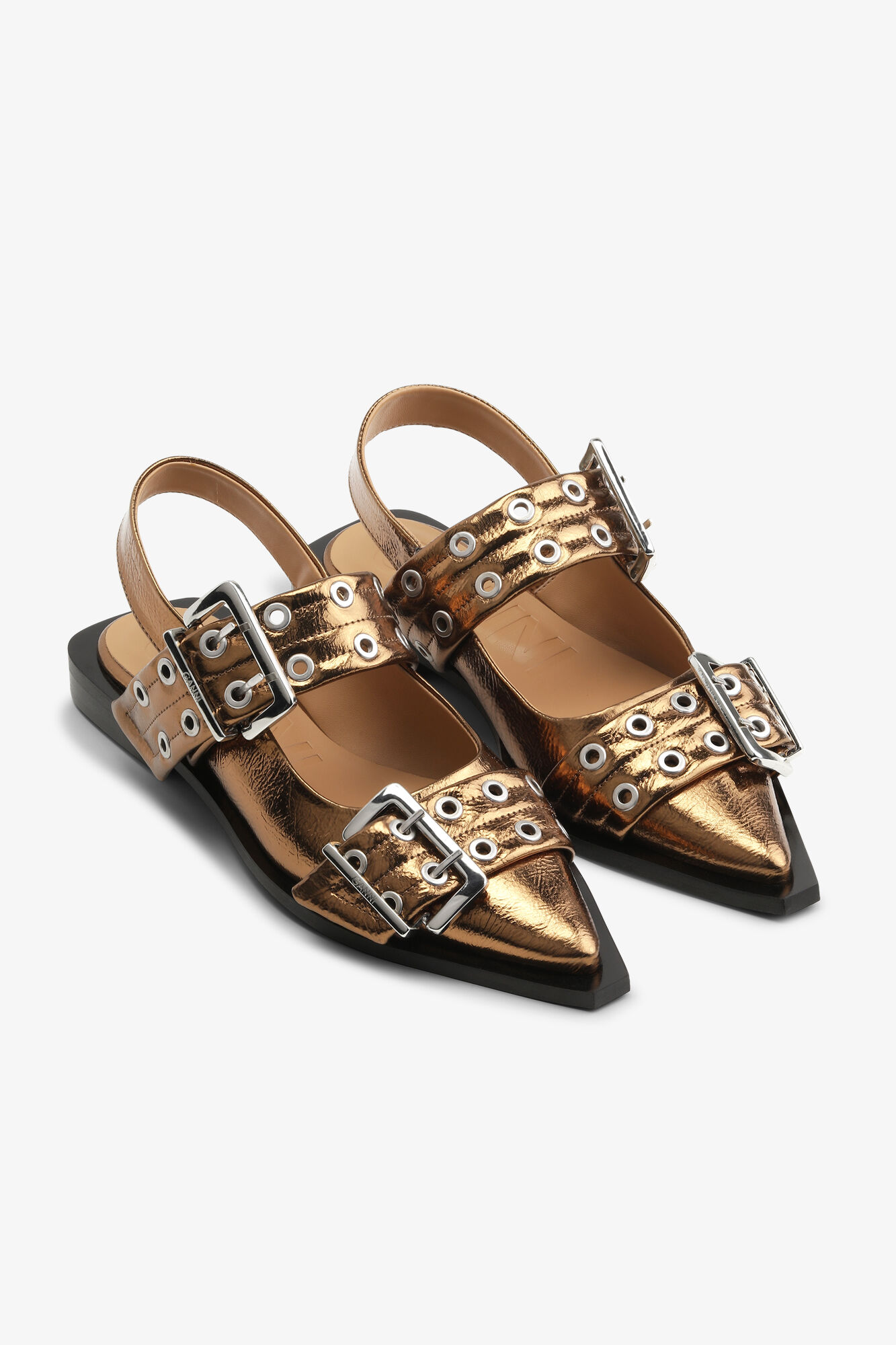 Brown Metallic Feminine Buckle Ballerinas, Polyurethane, in colour Bronze - 2 - GANNI
