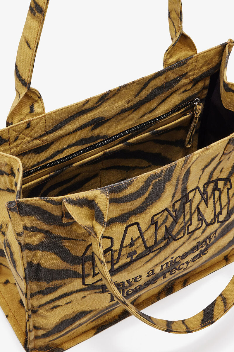 Zebra Print Large Tote, Recycled Cotton, in colour Khaki - 3 - GANNI