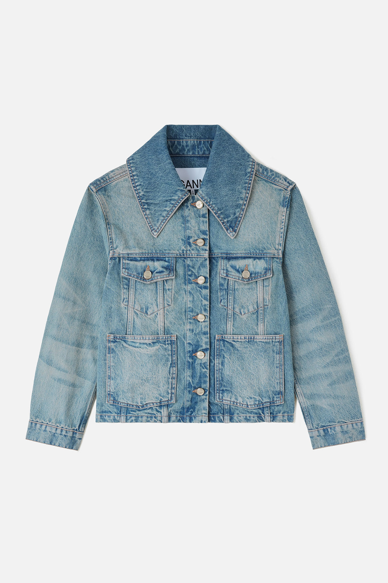 Rigid Denim Jacket, Organic Cotton, in colour Mid Blue Vintage - 1 - GANNI