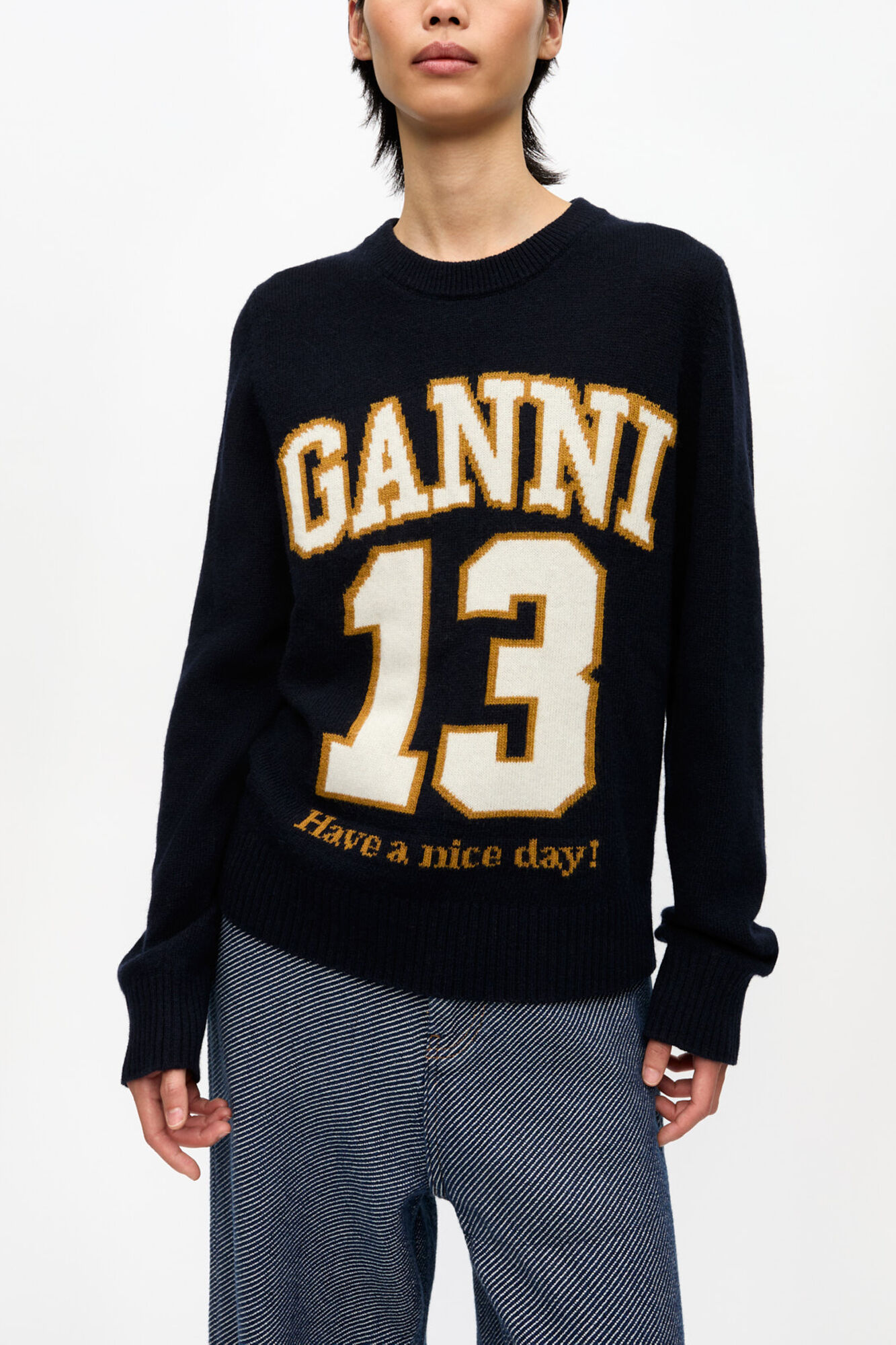 Dark Blue Graphic Wool Mix Baseball Sweater | GANNI US