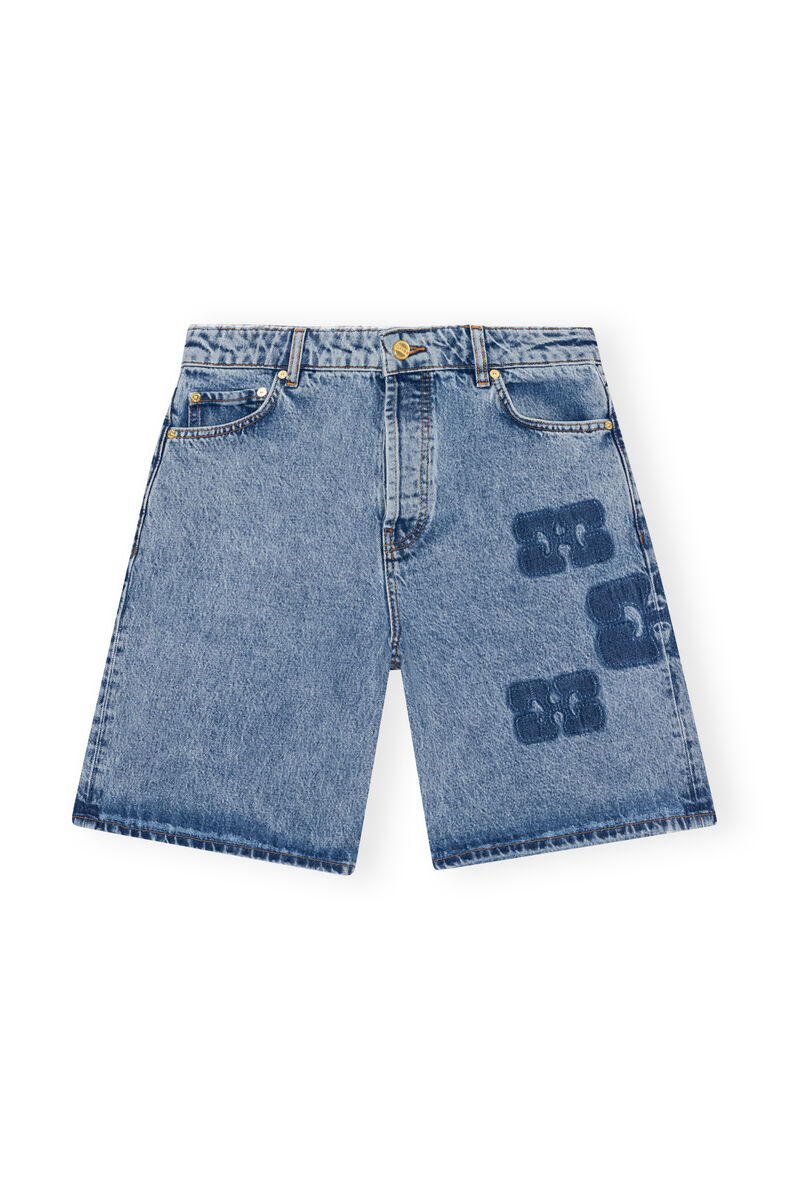 Patch Denim Shorts, Cotton, in colour Mid Blue Stone - 1 - GANNI
