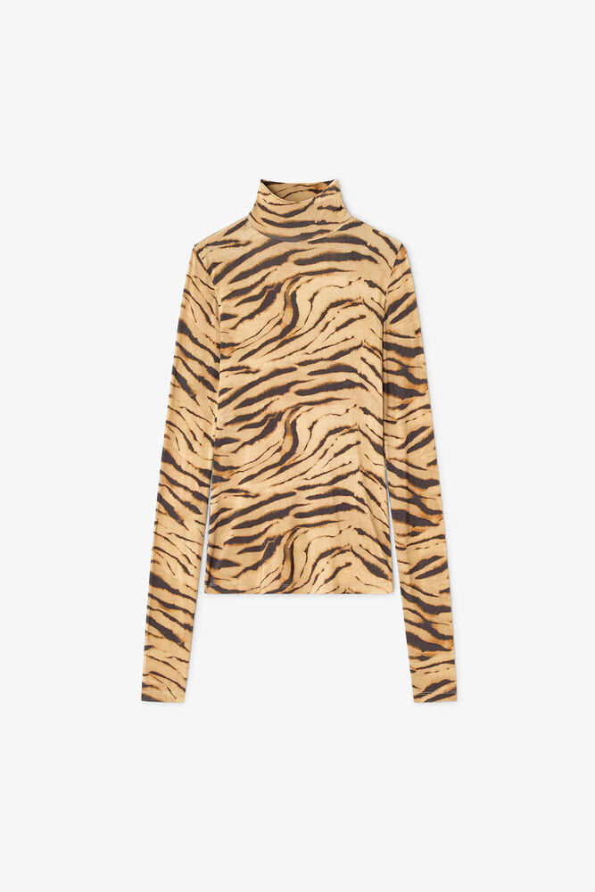 Tiger Print Jersey Turtleneck, Khaki