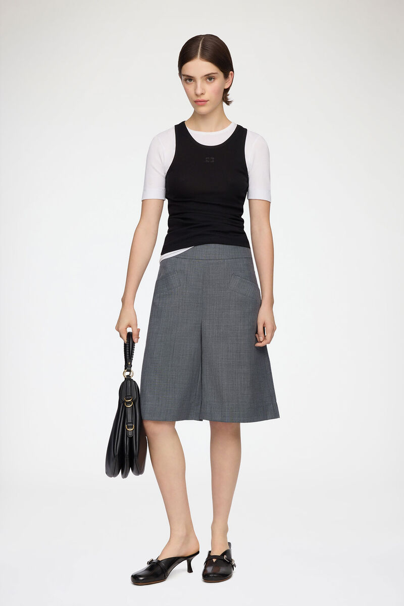 Shorts in Grey Wool Melange, Wool, in colour Phantom - 1 - GANNI