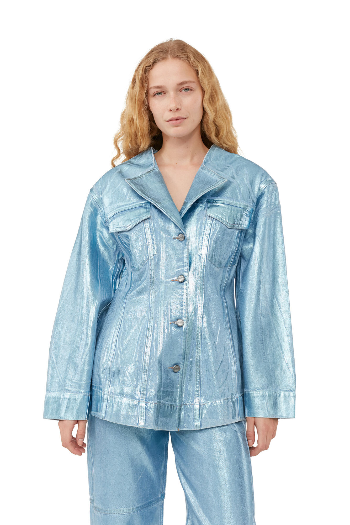 Blue Foil Denim Fitted Blazer, Cotton, in colour Heather - 4 - GANNI