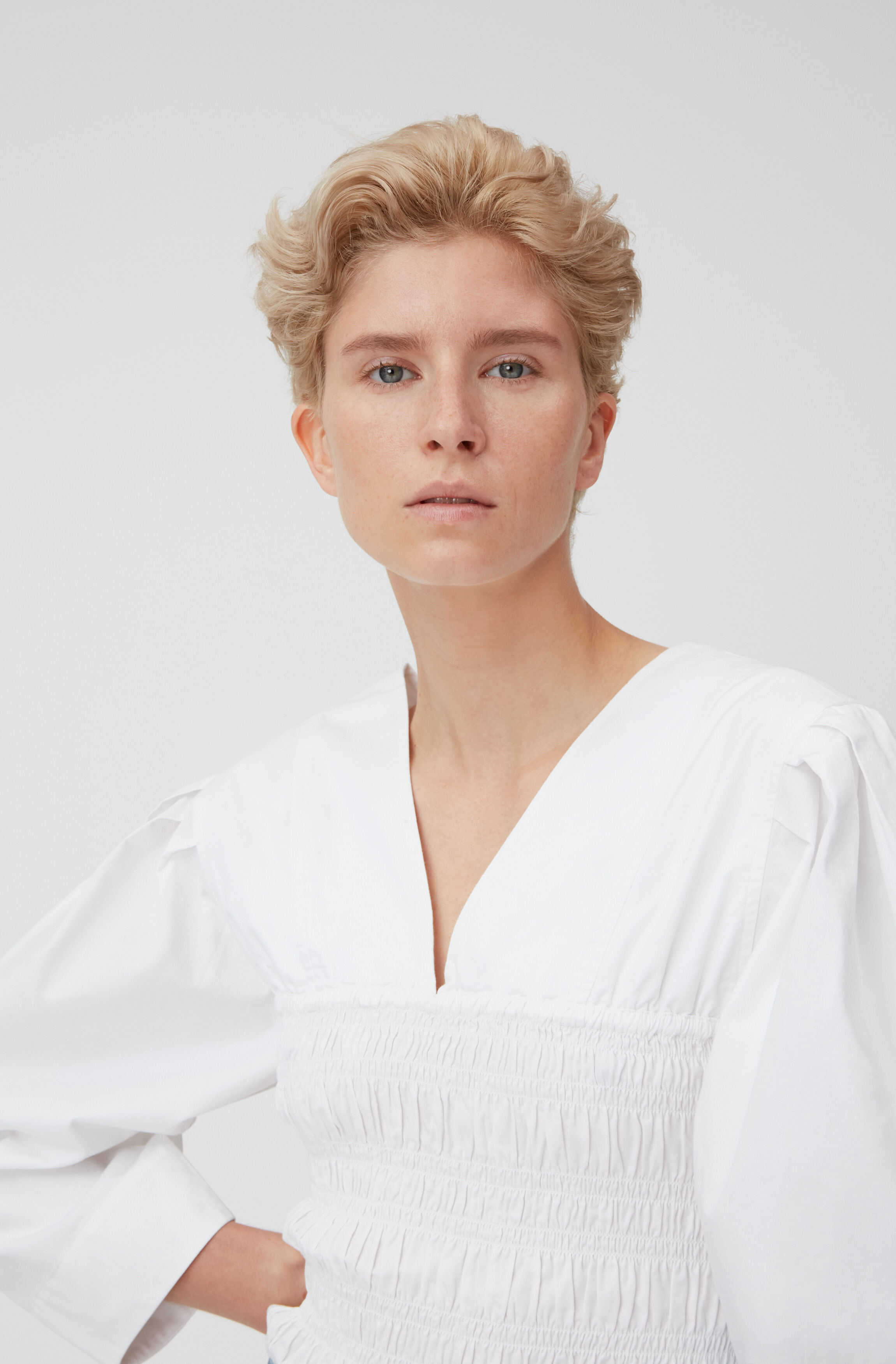 Bright White Heavy Cotton V-neck Smock 