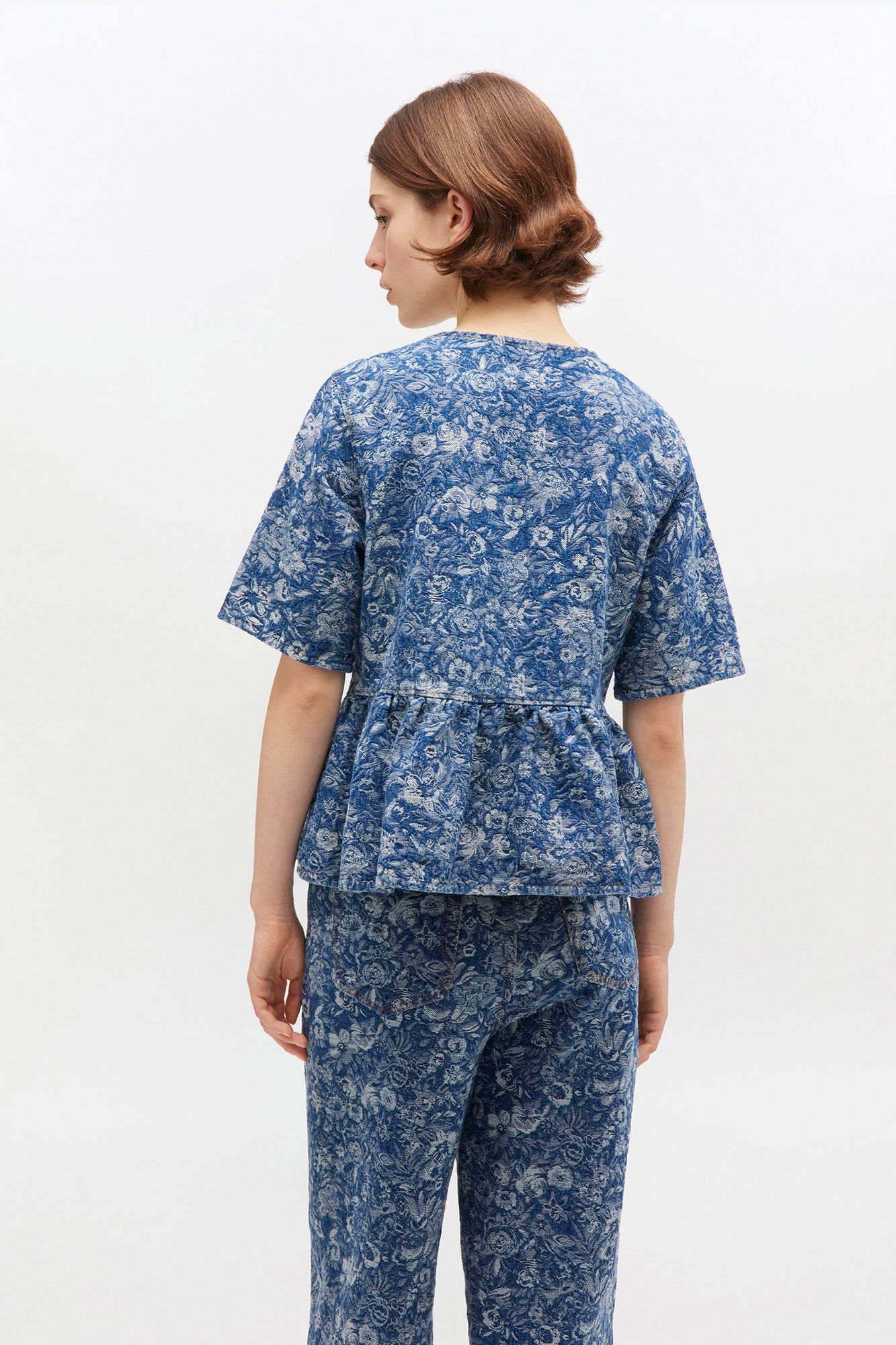 Blue Tapestry Peplum Blouse, Cotton, in colour Mid Blue Stone - 3 - GANNI