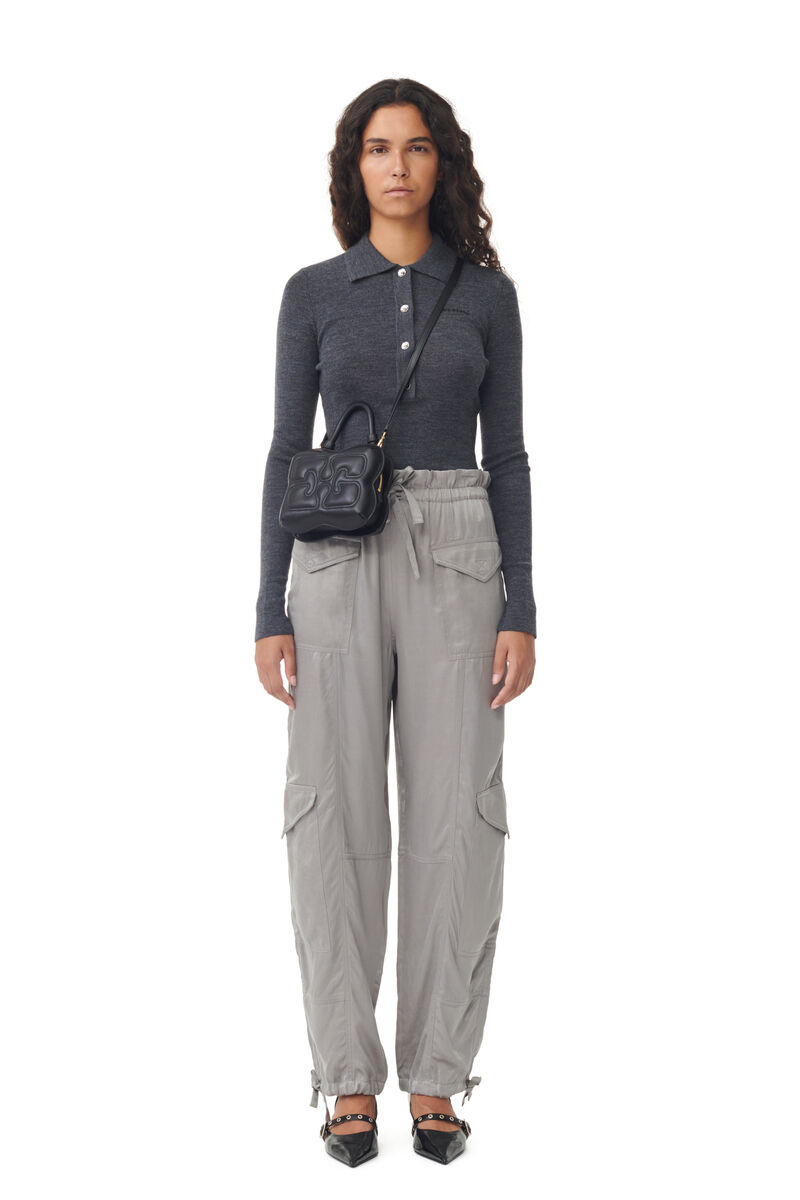 Grey Washed Satin Trousers, Cupro, in colour Frost Gray - 1 - GANNI