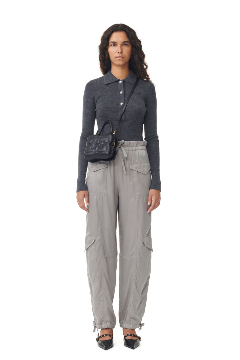 Grey Washed Satin Pants, Cupro, in colour Frost Gray - 1 - GANNI