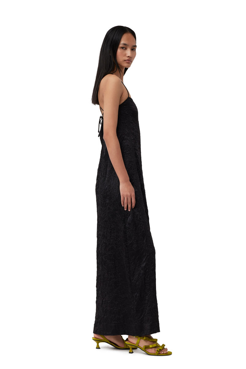 Black Crinkled Satin Midi Slip Dress, Elastane, in colour Black - 3 - GANNI