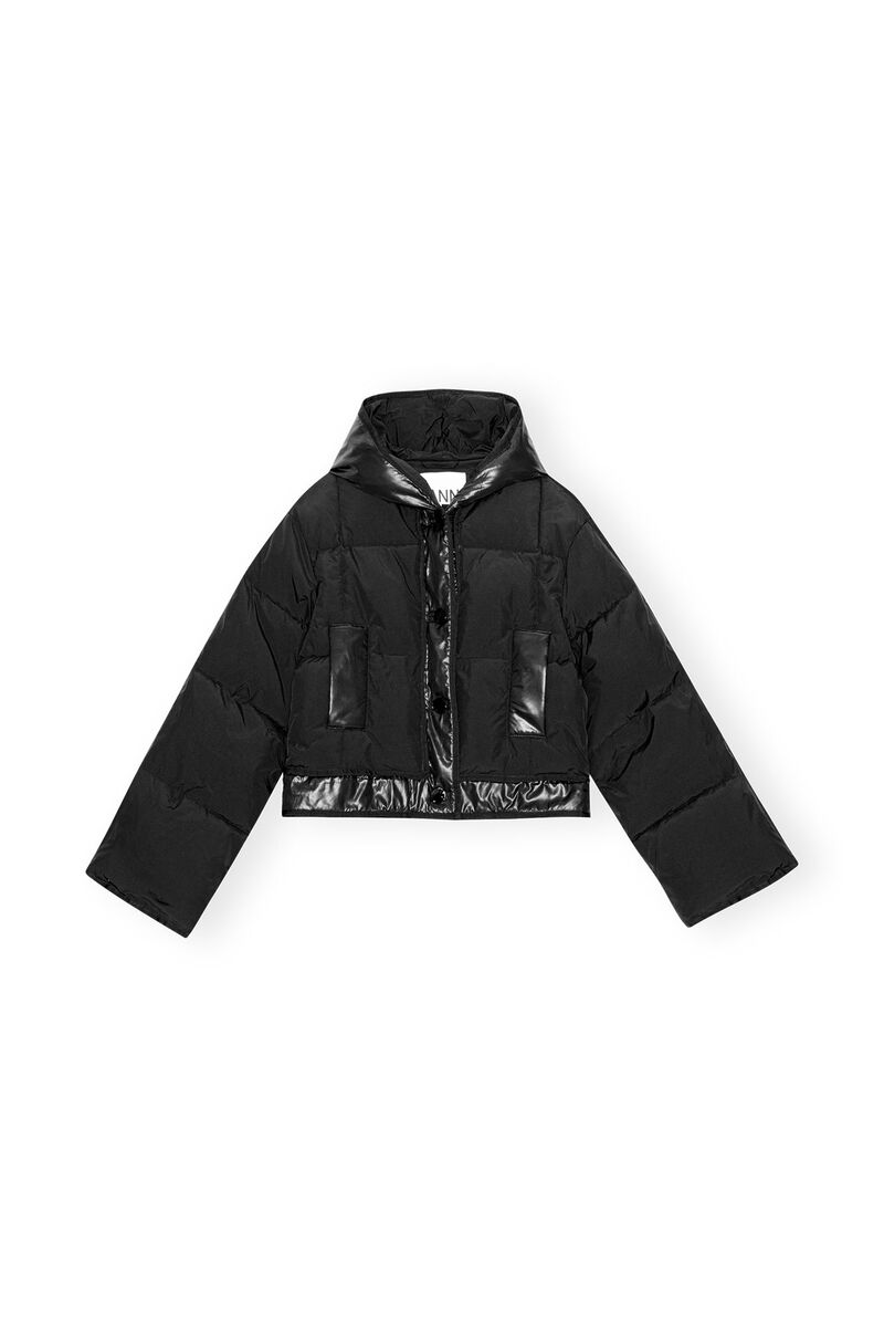 Black Short Hooded Puffer Jacket, LENZING™ ECOVERO™, in colour Black - 1 - GANNI