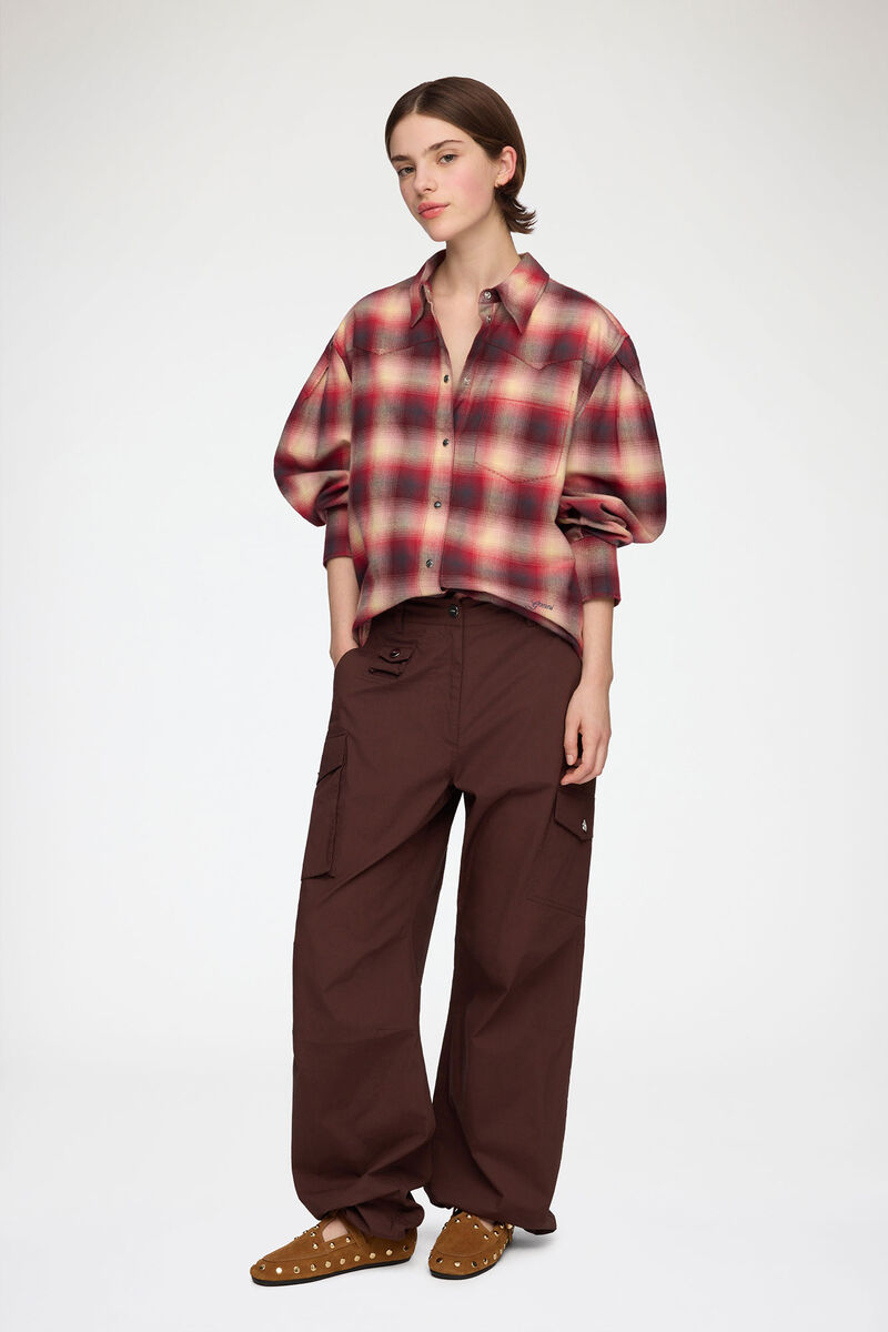 Shirt in Red Check Flannel, Cotton, in colour Raspberry Wine - 2 - GANNI